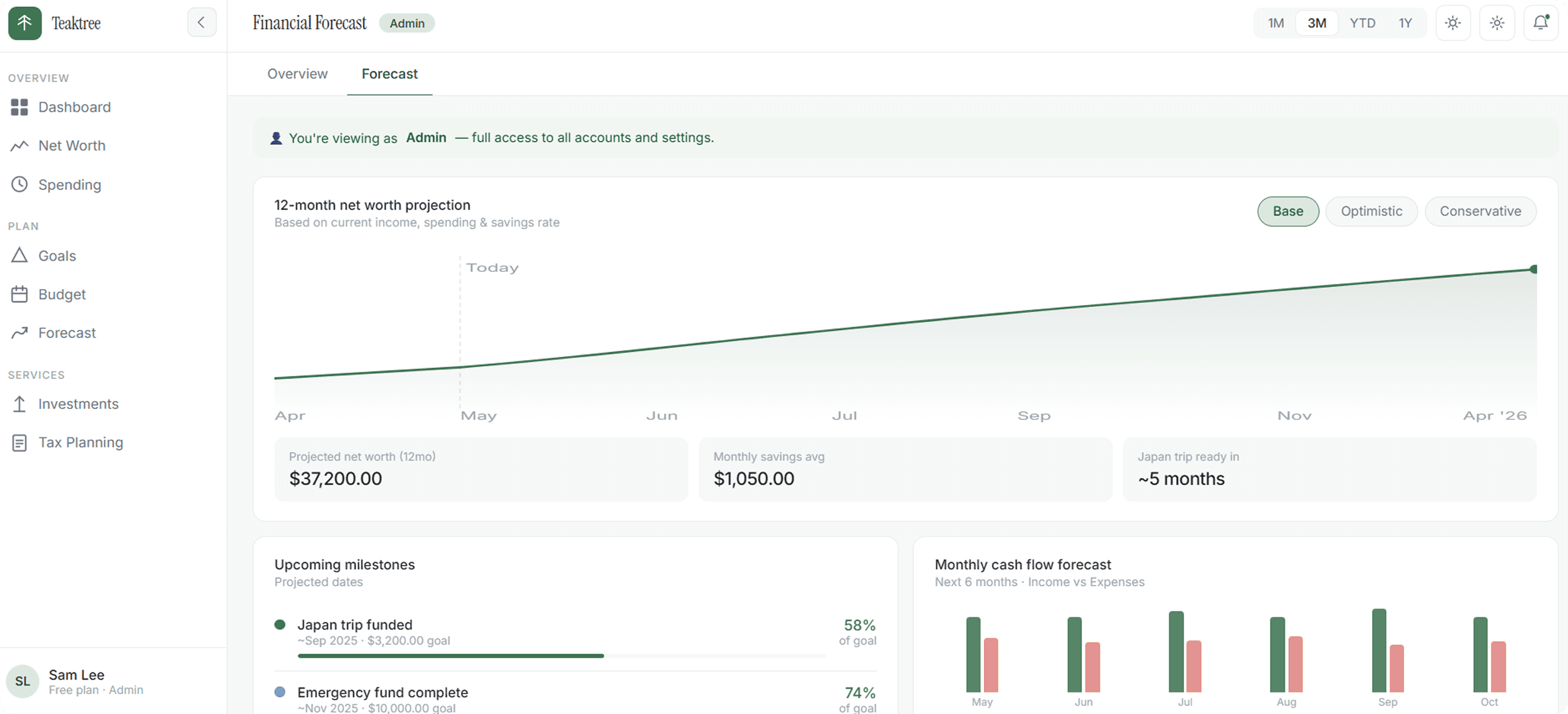 Goal milestones and cash flow forecast
